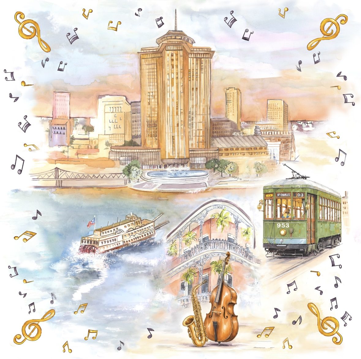 Watercolour sketch for a silk scarf: skyline, streetcar, riverboat and instruments